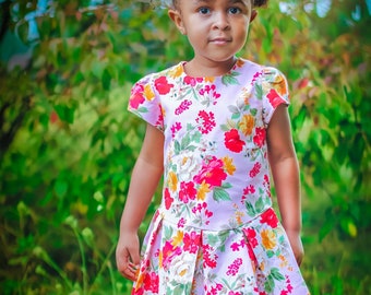 Lily Drop Waist Top & Dress PDF Digital Sewing Pattern, Girl's Drop Waist Pleated Dress Pattern, Tulip Sleeve, Cap Sleeve, Beginner Friendly