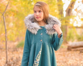 Spruce Coat Digital Sewing Pattern | Girls Coat Sewing Pattern | PDF Pattern | Bell Sleeves | Circle Skirt | Winter Coat | Oversized Hood