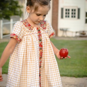 May include: A young girl wearing a white and yellow gingham dress with a floral collar and buttons. She is holding a red apple in her right hand.