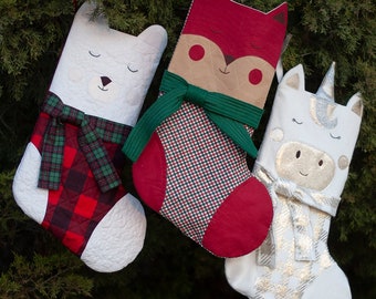 Cinnamon Animal Face Christmas Stocking PDF Sewing Pattern, Appliqué Quilted Decor (Digital Download)