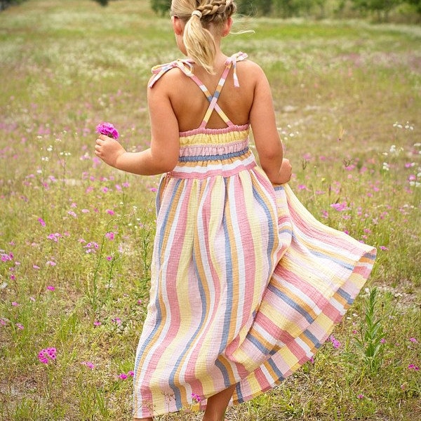 Peplum de girasol, vestido de verano y maxi patrón de costura digital PDF, patrón de vestido de verano para niñas, correas cruzadas, bolsillos, vestido de verano con espalda elástica