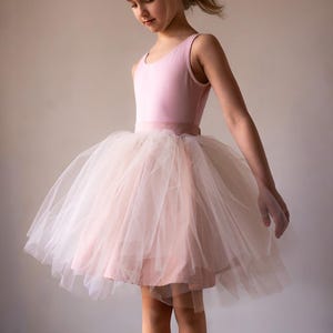 May include: A young girl wearing a pink sleeveless leotard and a white tulle tutu skirt. The skirt is layered and has a pink satin ribbon around the waist.