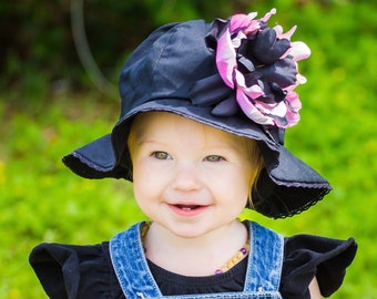 Stella Sun Hat in Black with Peony Flower - Baby Sun Hat- Girls Sun Hat - Infant Sun Hat - Toddler Sun Hat - Pink Sun Hat - Sunhat