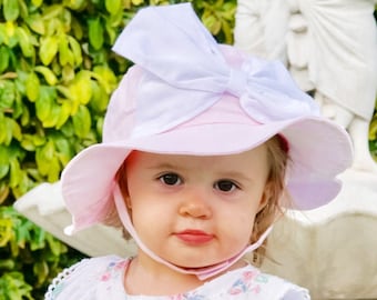 Baby Girl Pink Sun Hat with White Bow, UV Protection