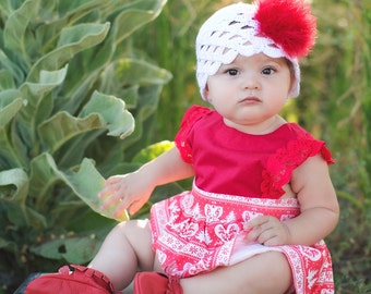 Red Holiday Crochet Hat with Puff- Holiday Baby Hat- Crochet Hat- Infant Hat- Photo Prop- Feather Hat- Baby Beanie