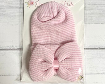 Baby Girl Bow Hospital Hat - Baby Hat- Striped Hat- Newborn Hat- Infant Hat- Newborn Photo Prop - Hospital Hat