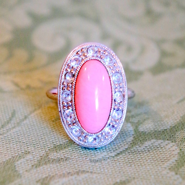 Vintage Avon Pale Fire Ring 1974 Silvertone Pink Lucite Ring With Rhinstones by Avon Fun & Trendy Cocktail Ring Signed Costume Jewelry