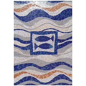 May include: Mosaic tile artwork featuring a wavy pattern in shades of blue, gray, and brown. Two blue fish are enclosed in a blue square. The mosaic is made of small, square tiles.