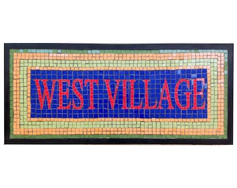 West Village Mosaic Sign – Handmade NYC Subway-Style Tile Art – Custom Mosaic Wall Decor for Home, Cafe, or Business