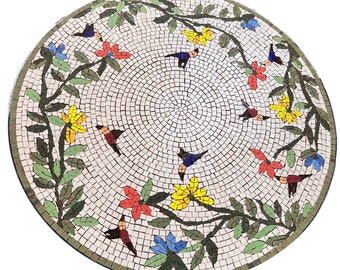 Small Humming bird in Forest mosaic medallion for install made with hand cut tile on mesh mosaic art install