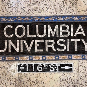 May include: A black and white mosaic tile sign that reads "COLUMBIA UNIVERSITY" with a blue and gold border. Below the sign is a black and white mosaic tile sign that reads "116TH ST" with a white arrow pointing to the right.
