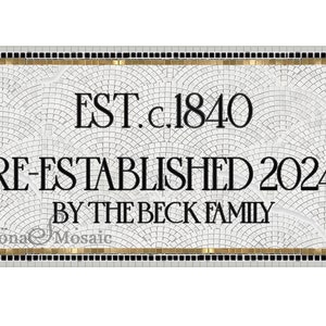Mosaic floor with gold tile in custom size with mosaic lettering establishment year mosaic flooring for install