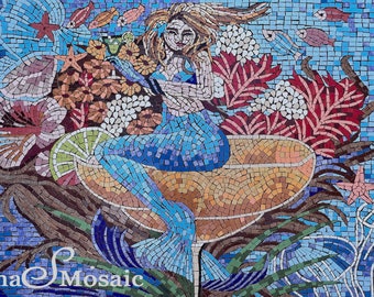 Mermaid mosaic artwork, Underwater sea mosaic bar backsplash, mermaid mosaic cocktail glass, Mermaid mosaic artwork backsplash wall install