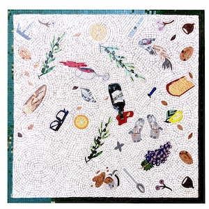 May include: A mosaic artwork featuring a white background with various colorful elements. The design includes olives, grapes, fish, a bottle, and other food-related items. The mosaic is framed with a green border.