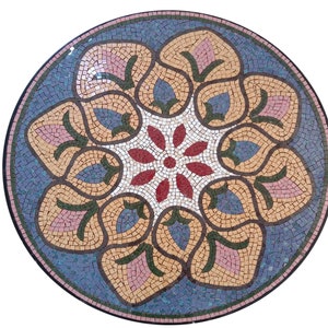 May include: A circular mosaic tile with a floral design. The tile is made of small, colorful pieces of glass and stone. The center of the tile features a red and white flower with a blue border. The outer edge of the tile is a blue border.