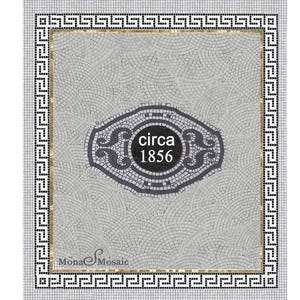 May include: A gray and white mosaic tile design with a black and white circular emblem in the center. The emblem says "circa 1856". The tile design is surrounded by a black and white Greek key border.
