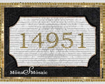 Entry floor address with gold tile border mosaic pattern Mosaic floor lettering on mesh for install