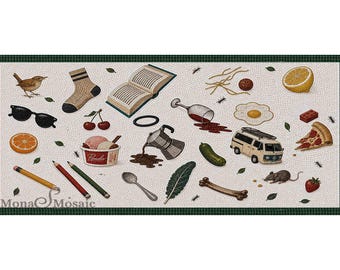 Roman Unswept Floor Mosaic | Custom Hand Cut Tile Mosaic | Kitchen Mudroom Entryway Floor Art | Food & Everyday Objects Mosaic