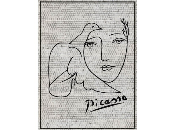 Mosaic Tile Wall Art Picasso's Face and Dove in Hand Cut Tile