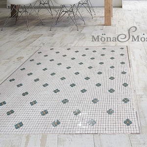 Powder Room floor mosaic tile in green and light orange florets, Mosaic Floor tile Victorian renovation mosaic tile florets floor mosaic