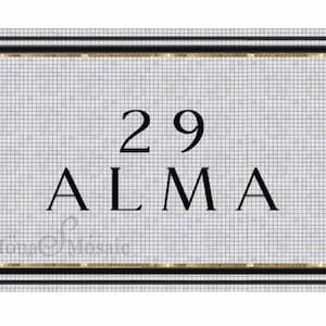 Mosaic flooring tile house number address mosaic lettering tile floor with gold tile detail hand cut tile crafted on mesh for easy install
