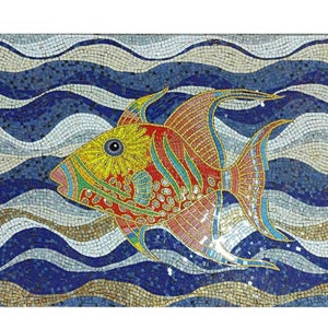 Custom Fish Mosaic, Triggerfish mosaic, Sea Wave mosaic background, Fish mosaic tile on mesh for  Install  in Hand cut mosaic tile