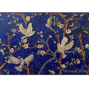 Mosaic Art Birds in the Night Sky Mosaic Art Kitchen Backsplash in hand cut tile in a Custom Size Mosaic Tile crafted on mesh for tile wall