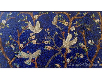 ハンドカットモザイク鳥ウォールアート - 青い花柄モザイクタイル