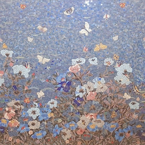 Floral Nature mosaic, Flowers and butterfly mosaic, Mural Mosaic Tile Mural Design can be adapted for Size or Style for Backsplash Pool Wall