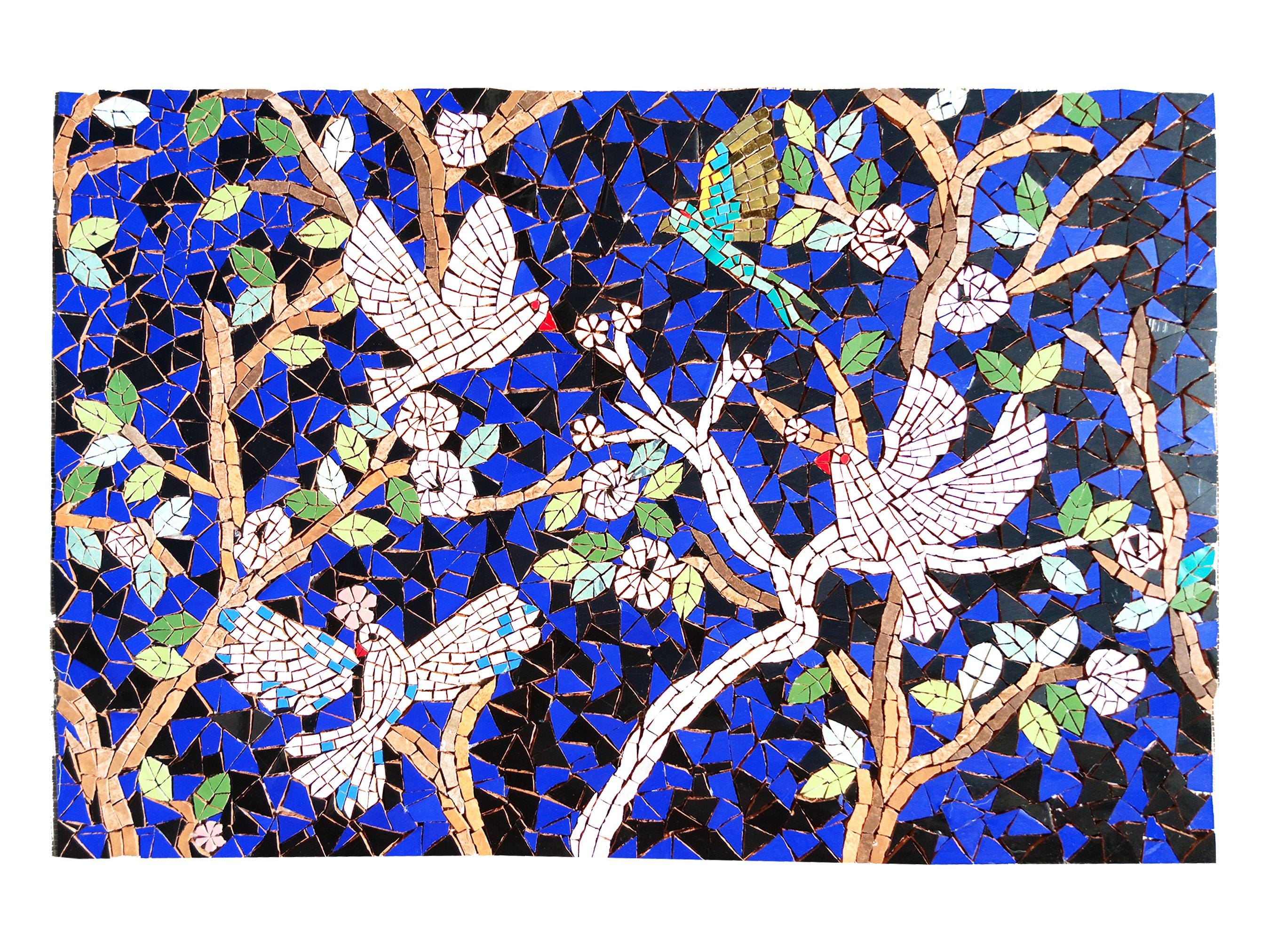 【ハンドメイド・一点物】モザイクタイル、タイルアート、花、蝶、風景画 ハンドカットモザイク鳥ウォールアート - 青い花柄モザイクタイル