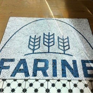 Made to Order Mosaic Restaurant logo, Mosaic Floor install, &quot; Farine&quot; in Hand cut mosaic Tile logo, Custom design mosaic