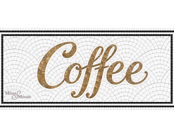 Custom Coffee Mosaic Sign – Hand-Cut Tile Café Inlay, Metallic Gold Script, White Art Deco Fan Design, Kitchen Wall or Floor Decor