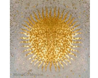 Handmade Gold Sun Mosaic Tile Floor | Luxury Golden Tile Medallion | Custom Mosaic Floor | Radiant Sunburst Design | Made to Order
