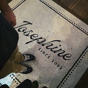 Restaurant Floor entrance mosaic, Handmade tile mosaic logo, Mosaic logo install, Custom mosaic for restaurant, mosaic entrance floor tile