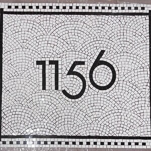Black and White mosaic hand cut tile number floor install for an entrance in art deco style, Mosaic art deco number sign floor install