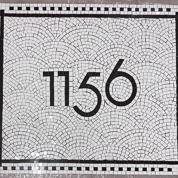 Black and White mosaic hand cut tile number floor install for an entrance in art deco style, Mosaic art deco number sign floor install