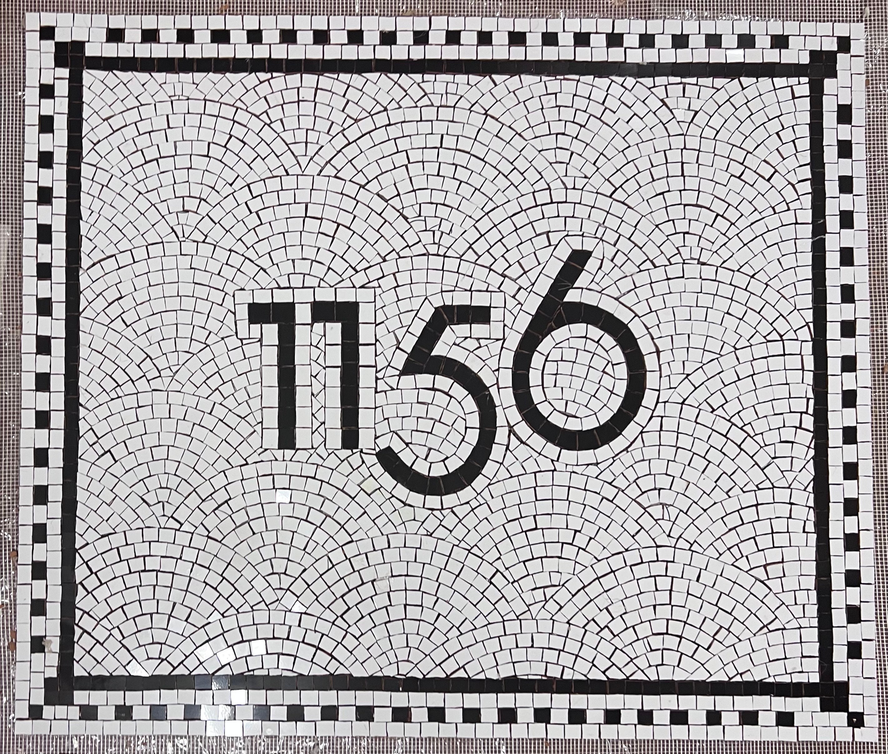 Black and White mosaic hand cut tile number floor install for an entrance in art deco style, Mosaic art deco number sign floor install