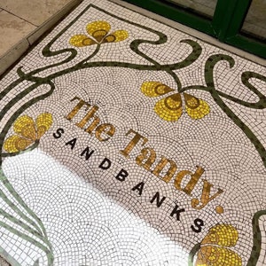 Floor Entrance Restaurant Custom Mosaic in tile, Art Nouveau Mosaic tile, New Art Entrance mosaic, hand cut mosaic tile on mesh for install