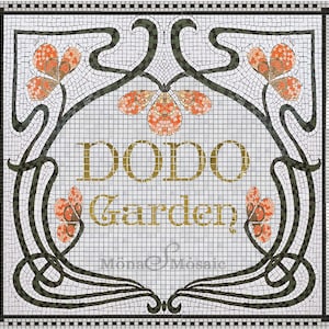 Mosaico de azulejos cortados à mão, letras em mosaico "DODO Garden" para jardim temático de Alice no País das Maravilhas, azulejo personalizado para piso ou parede de arte em mosaico