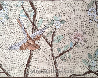 Bird Mosaic pink and blue mosaic flowers, Custom Kitchen Mosaic, Custom mosaic wall Install Tile, Chinoiserie style mosaic Backsplash Tile