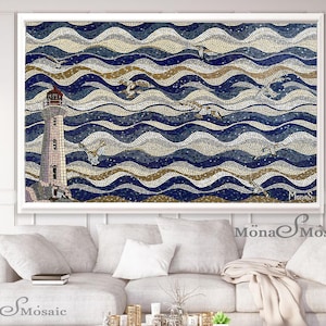 Lighthouse Mosaic, Mosaic art Sky,  Custom Mosaic Mural,  Sea Mosaic Kitchen backsplash, Wall Mosaic Mural Idea Install, lighthouse tile art