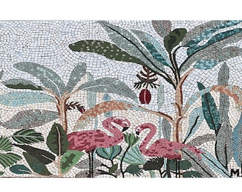 Tropical Jungle tile mosaic wall install, flamingoes tile mosaic,  Custom Mosaic Tile Mural, Adaptable for Backsplash, Wall, Floor Install