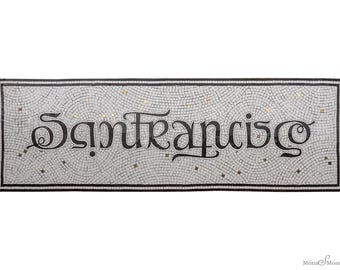 Mosaic art handcut tile custom mosaic lettering floor install for business entrance San Francisco Mosaic art  lettering floor install