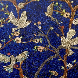 Birds in the Night Sky Mosaic  Mosaic Art Kitchen Backsplash in hand cut tile in a Custom Size Mosaic Tile