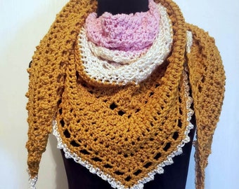 Bliss Triangle Scarf in pink, ivory, mustard