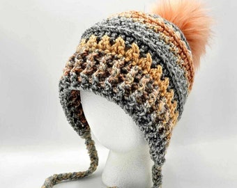 Bonnet Beanie with ties and pom in 'gray' and 'melon'