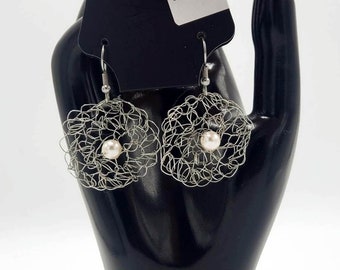 Crochet silver wire earrings with faux pearl bead