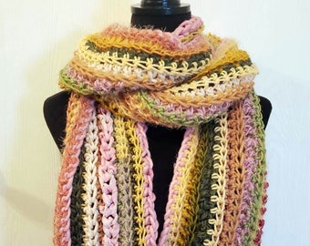 Long Classic Style Boho Scarf in pink, melon, green & yellow