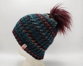 Adult Beanie in teal, maroon with faux fur pom pom