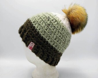 Plush Beanie in sage, brown, white with faux fur pom